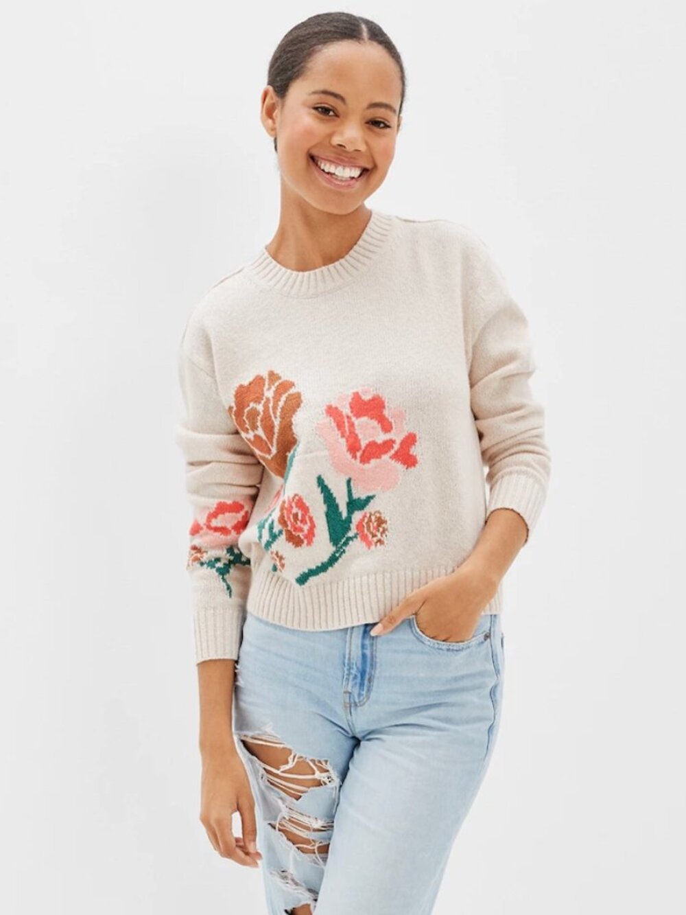 American Eagle Floral Sweater Womens S Cream Rose Intarsia Cottagecore Knit NWT